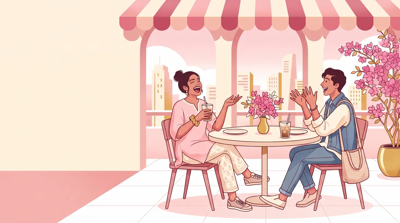 Two people laughing over iced coffee at a sunny rooftop café — an illustration of what we are for